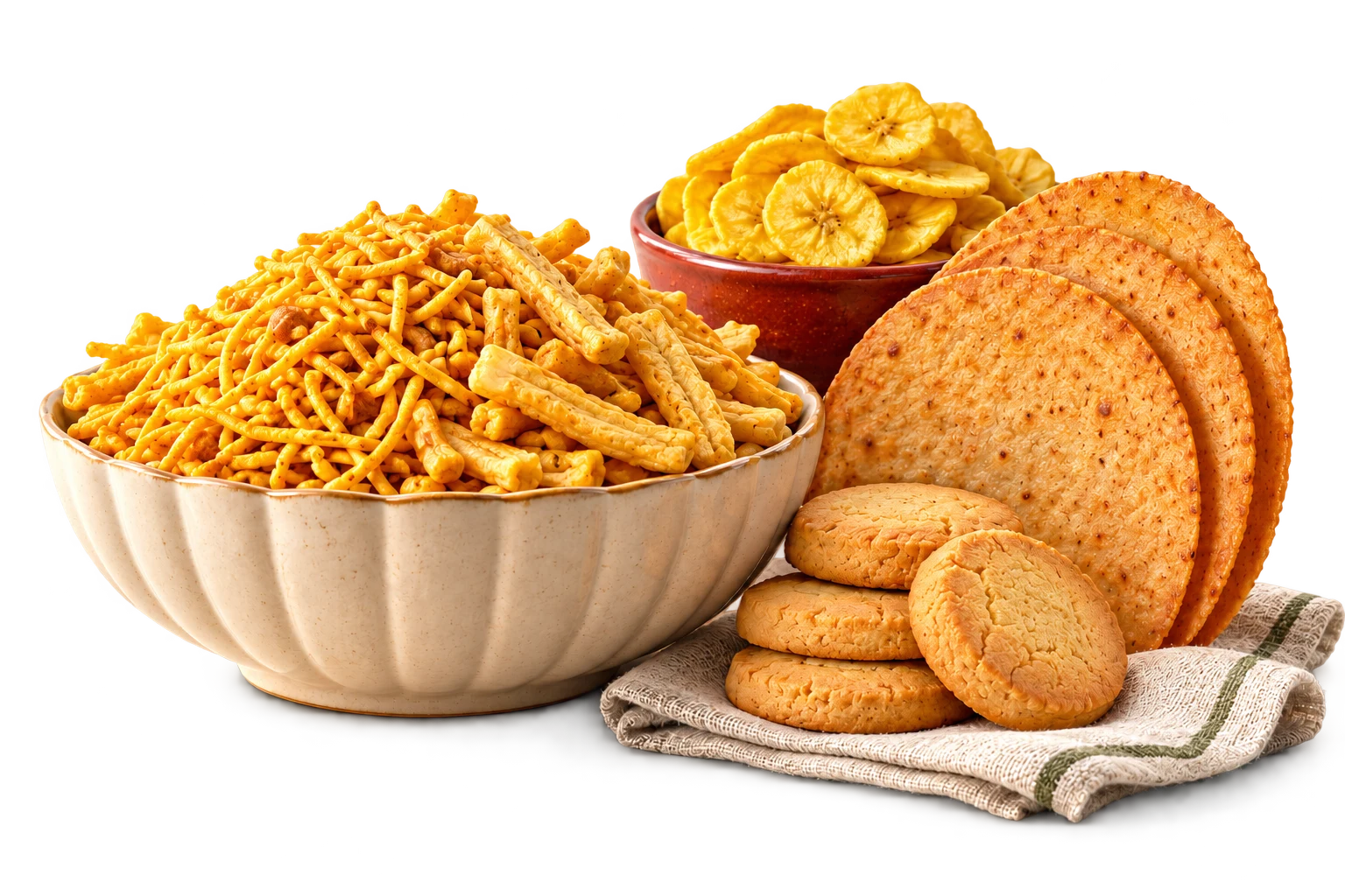 Illustrative snack arrangement with namkeen, banana chips, khakhra and biscuits